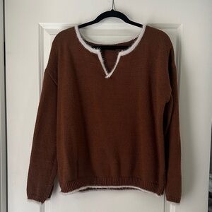 SHEIN Brown V-Neck Sweater with White Edging